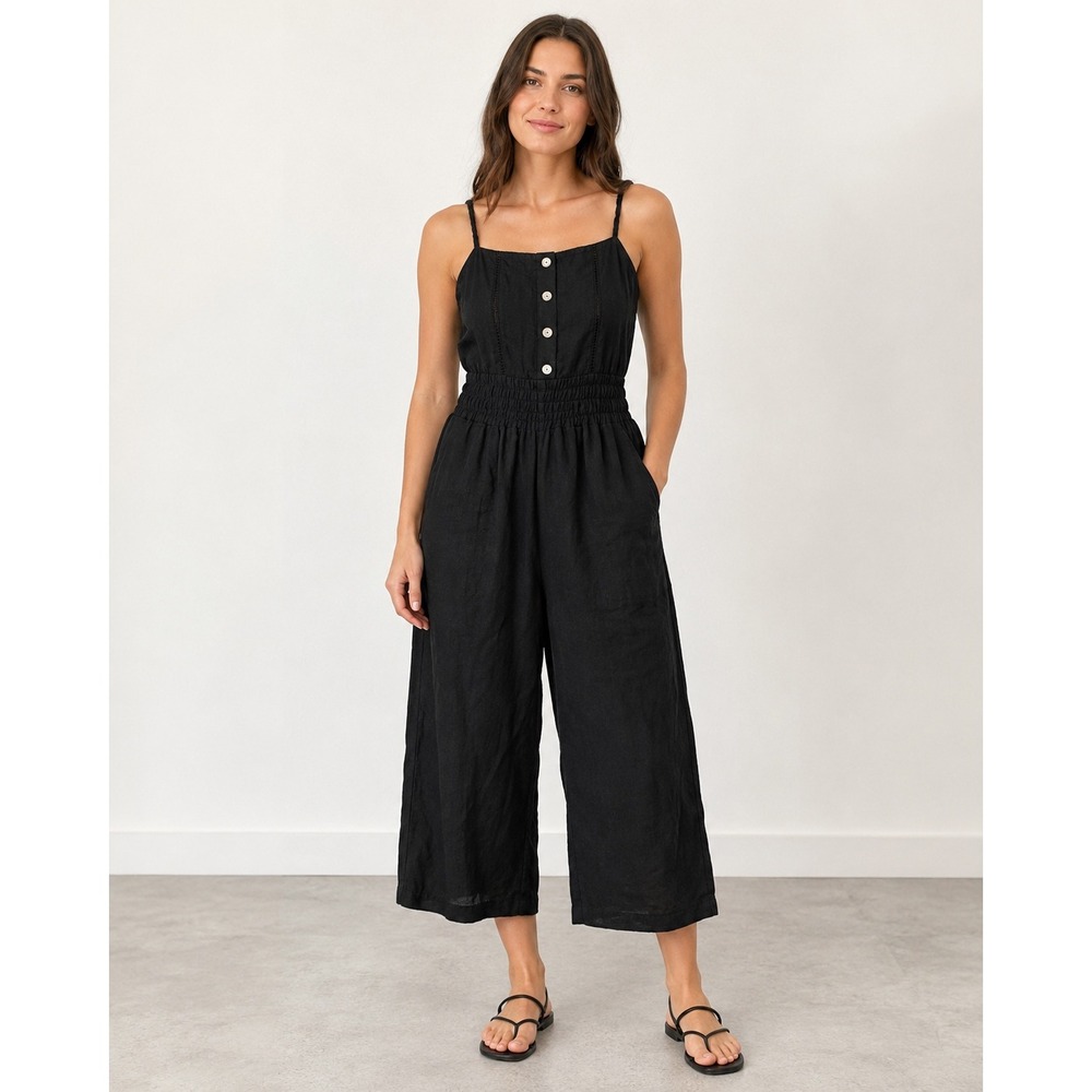Madewell Black 100% Linen Wide Leg Jumpsuit Sweetheart Neck Lace Trim Size 4